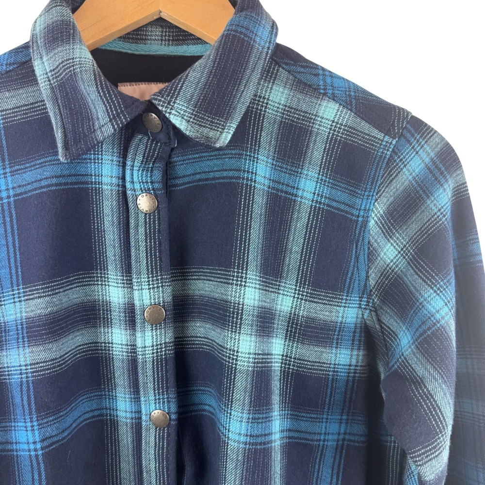 Orvis Flannel Shirt Women Small Blue Plaid Fleece Lined Snap Front Pockets